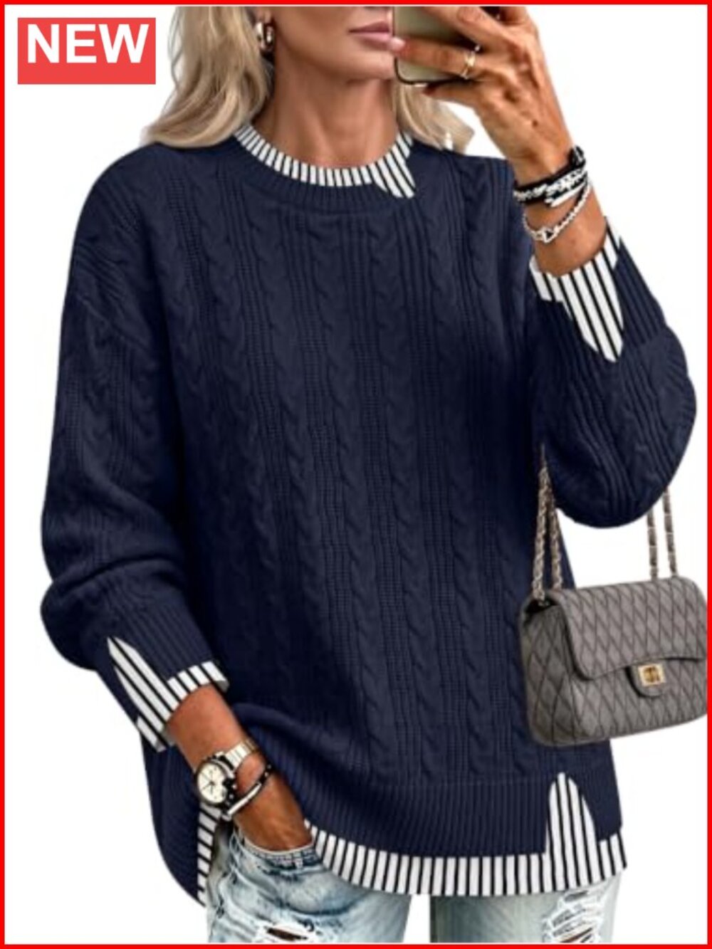 Cable Knit Pullover Sweater Oversized Crew Neck Long Sleeve